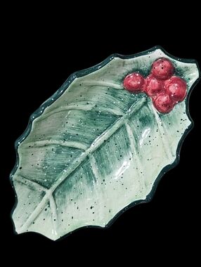 Vintage Enseco 2000 6" Julie Ueland Christmas Holly Leaf Berry Trinket Dish